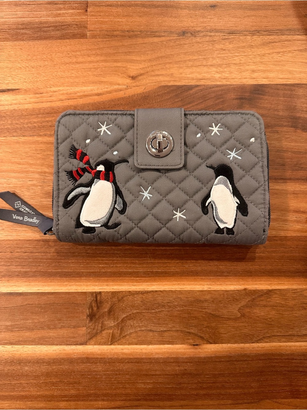 Vera Bradley Quilted Gray Wallet with Penguin Embroidery